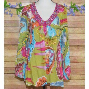 Mystery Floral Colorful V-Neck Pullover Blouse Tunic Top Size M Hippie Boho